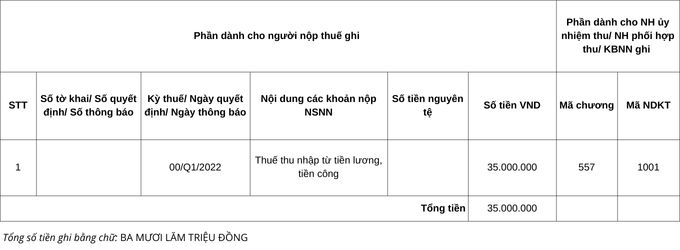 Mẫu giấy nộp tiền thuế thu nhập cá nhân